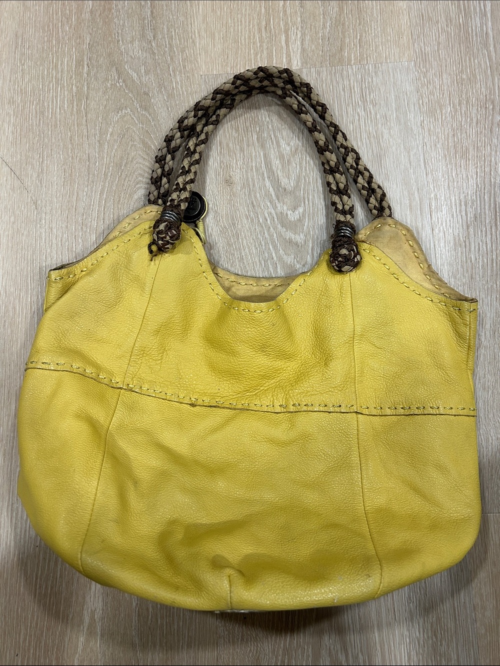 The Sak Yellow Leather Tote with Braided Brown Handles